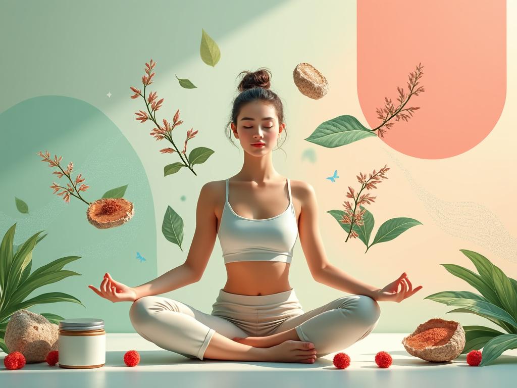 Femme méditant entourée de nature et d'illustrations.