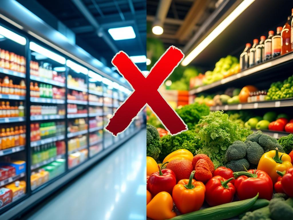 X sur aliments transformés, légumes frais en avant.